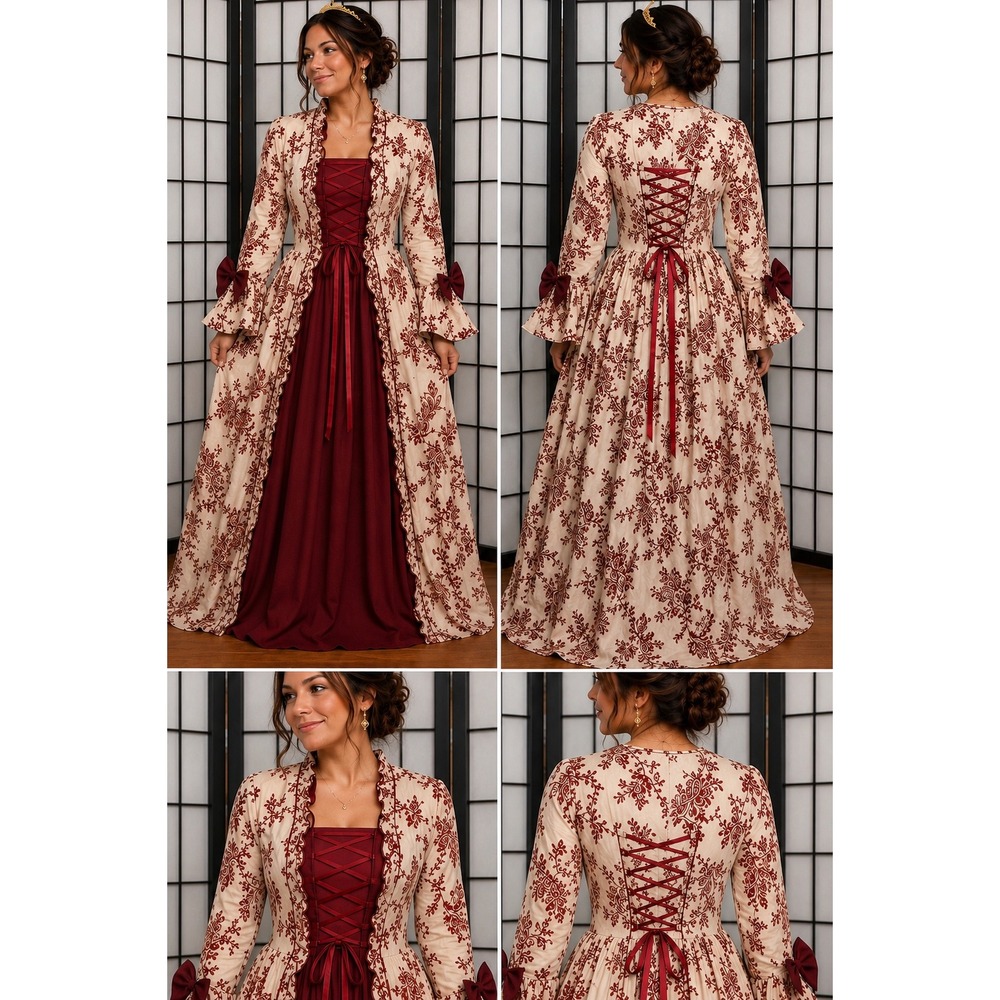 NWOT Renaissance Costume Gown Burgundy Floral Lace Up Medieval Fantasy